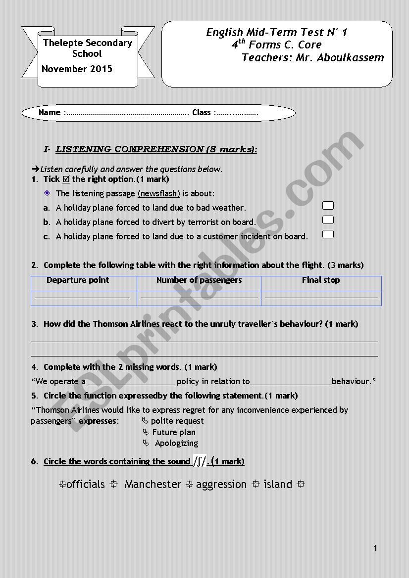 1dt Mid-term test for Tunisian 4th Formers C.Core (sciences)