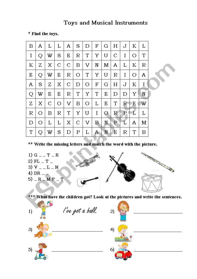 toys and musical instruments worksheet