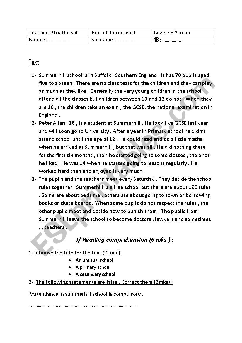 8th form achievement test worksheet