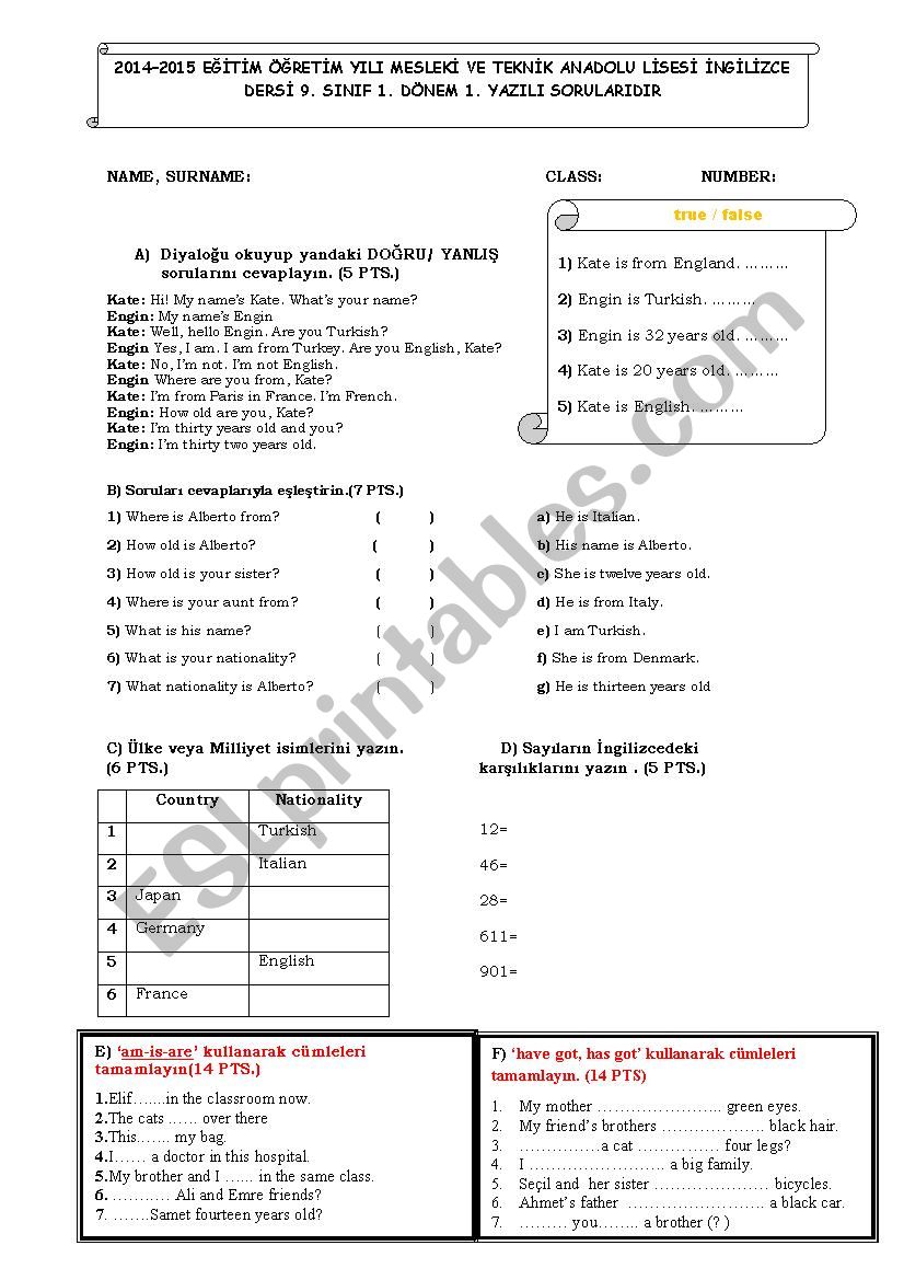 exam worksheet