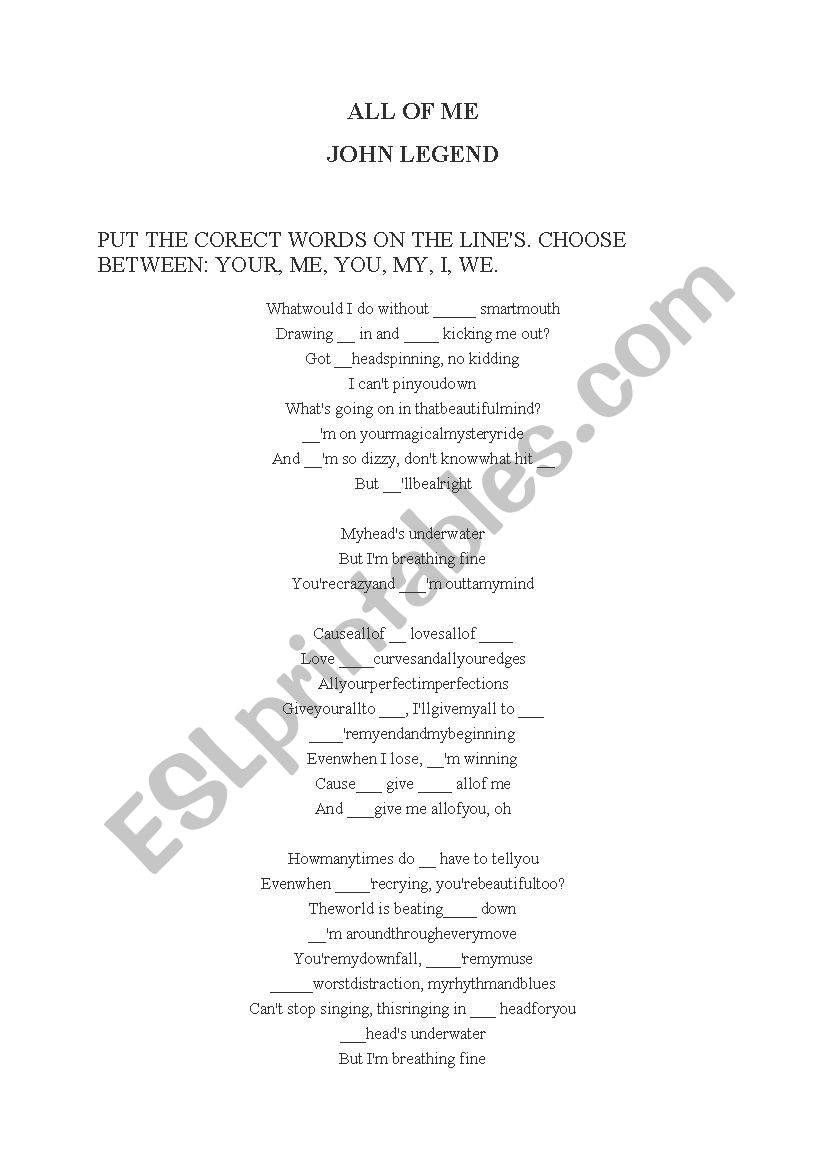 John Legend All Of Me worksheet