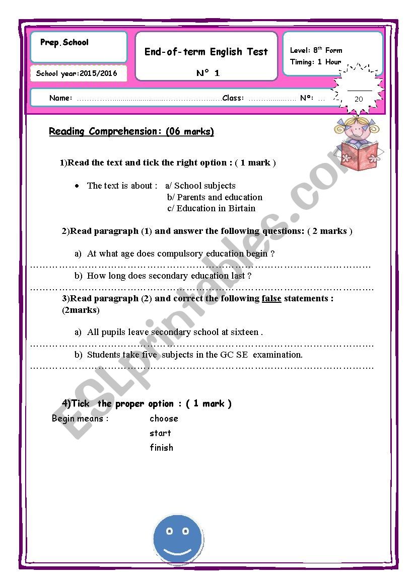 8 th form End Term Test worksheet