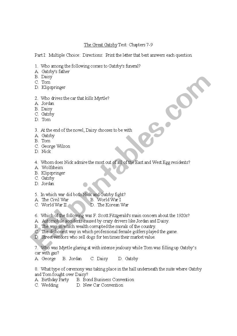 The Great Gatsby Multiple Choice Quiz For Chapters 7 9 With Answer