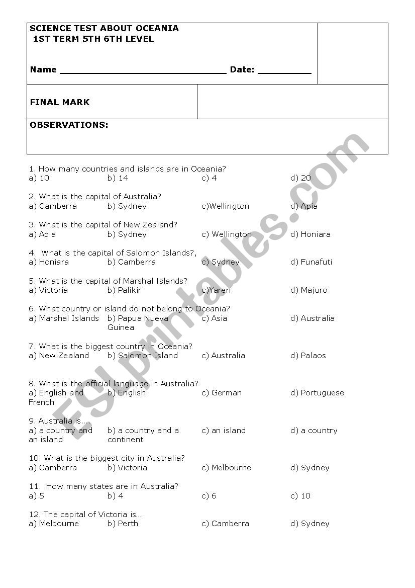 CLIL ABOUT OCEANIA: SCIENCE TEST ABOUT OCEANIA