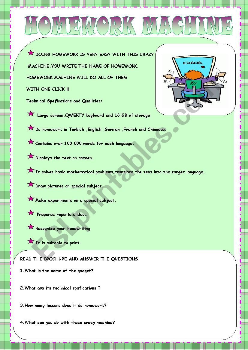 HOMEWORK MACHINE/brochure worksheet