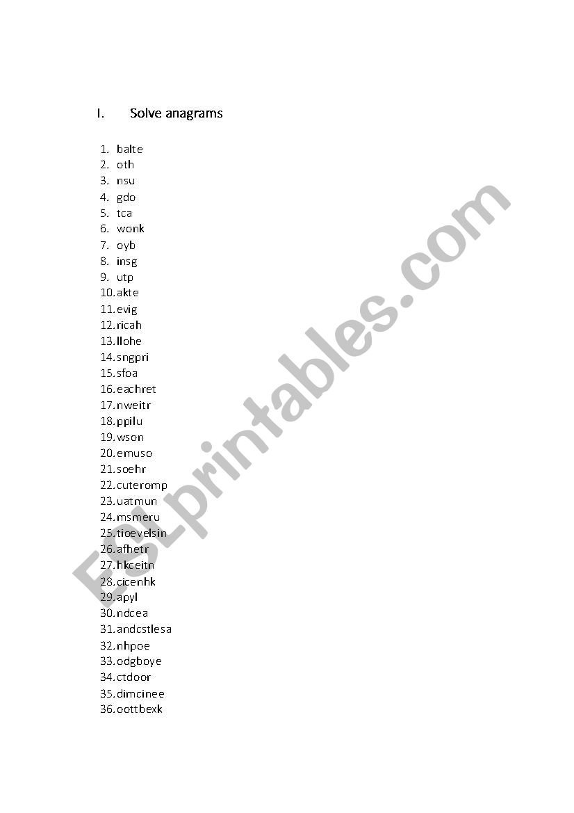 Solve anagrams worksheet