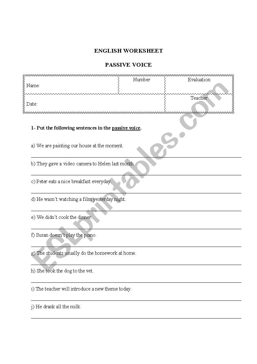 Worksheet on Passive Voice worksheet