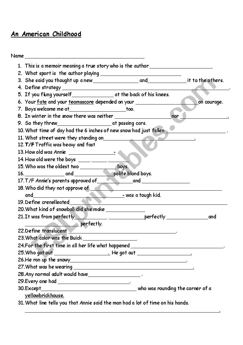 An American childhood worksheet