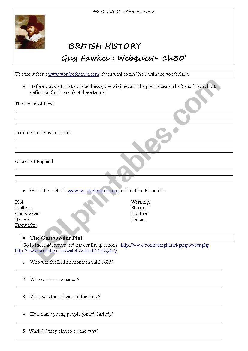 Guy Fawkes webquest worksheet