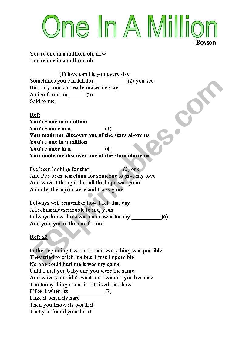 song, one in a million worksheet