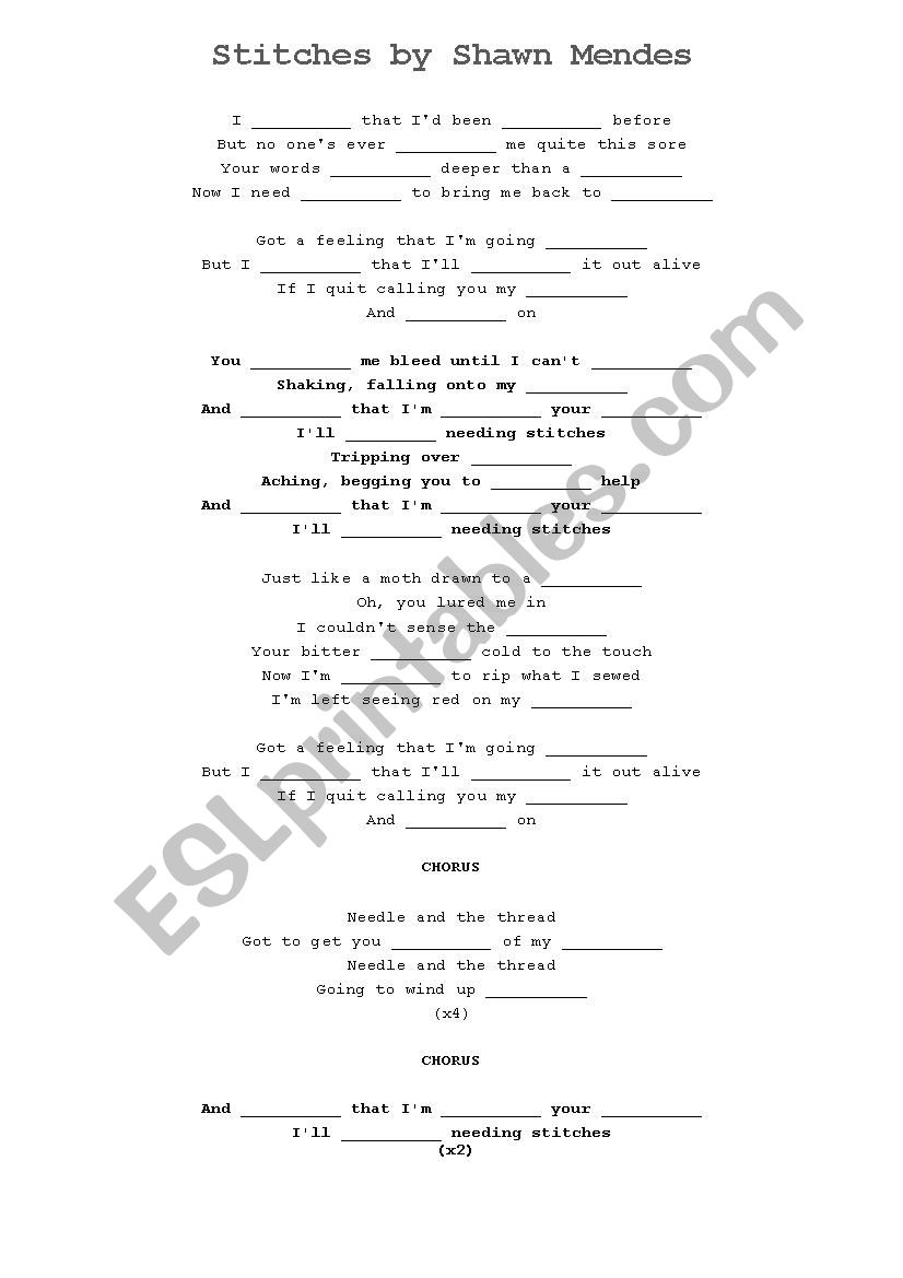 Shawn Mendes - Stitches worksheet