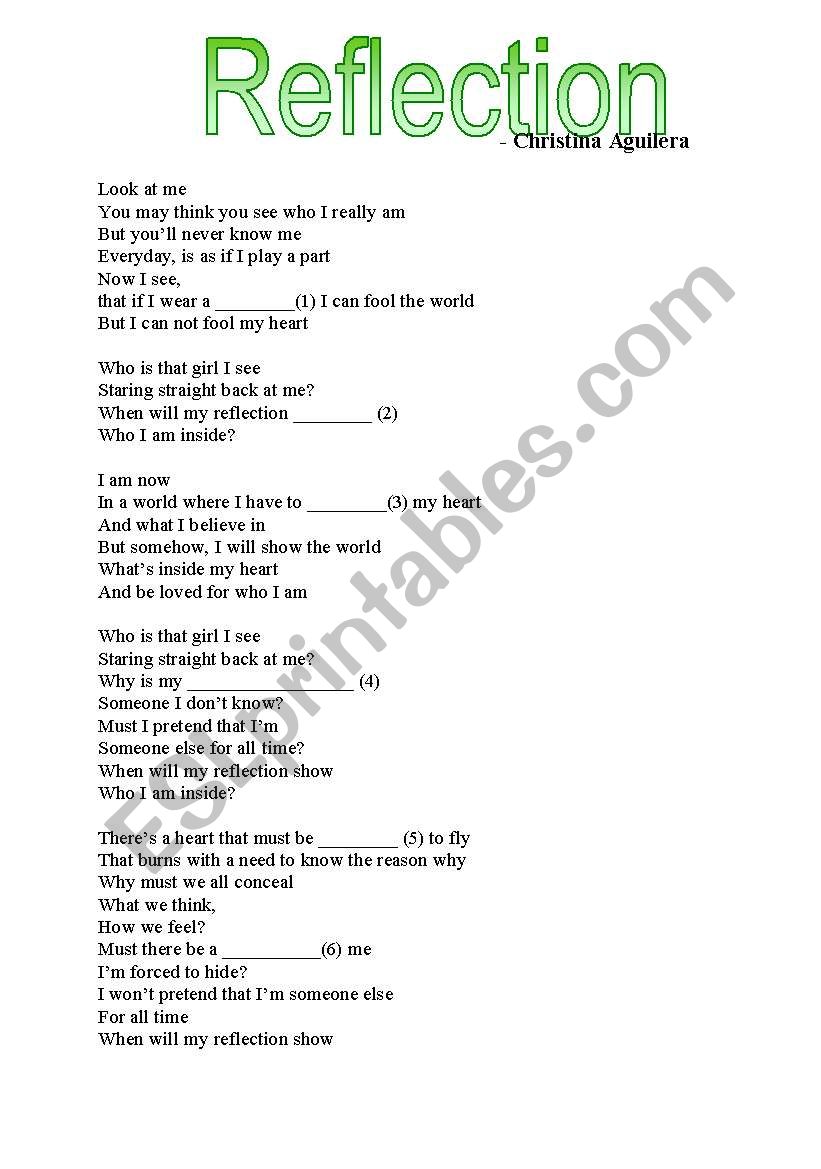 song, reflection worksheet