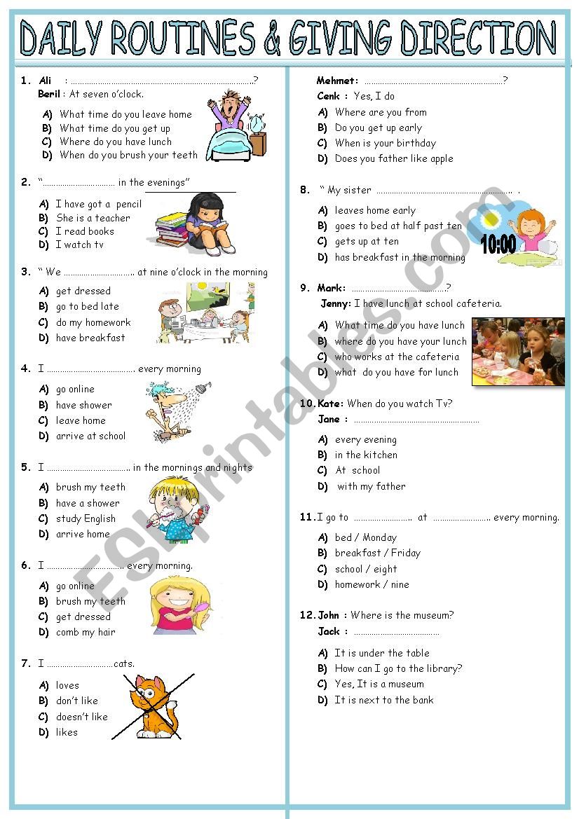 daily routines& giving direction test TWO PAGES