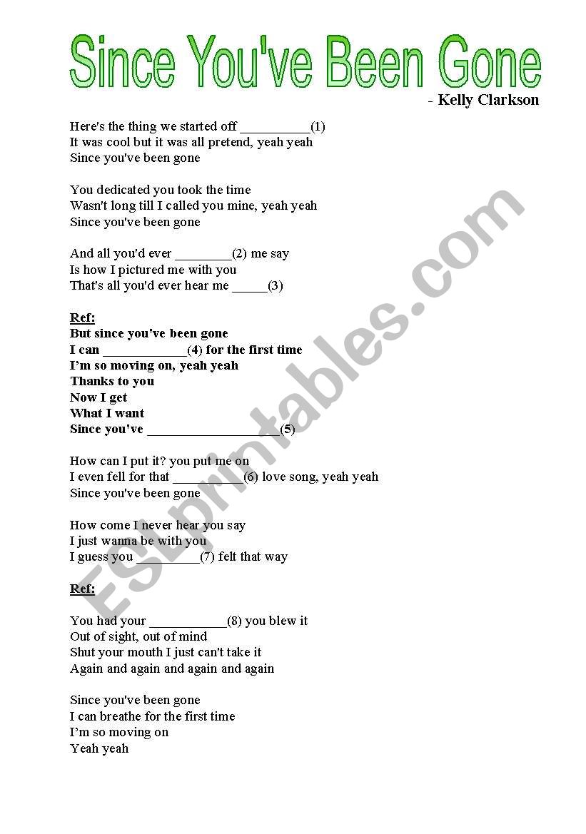 song, since youve been gone worksheet