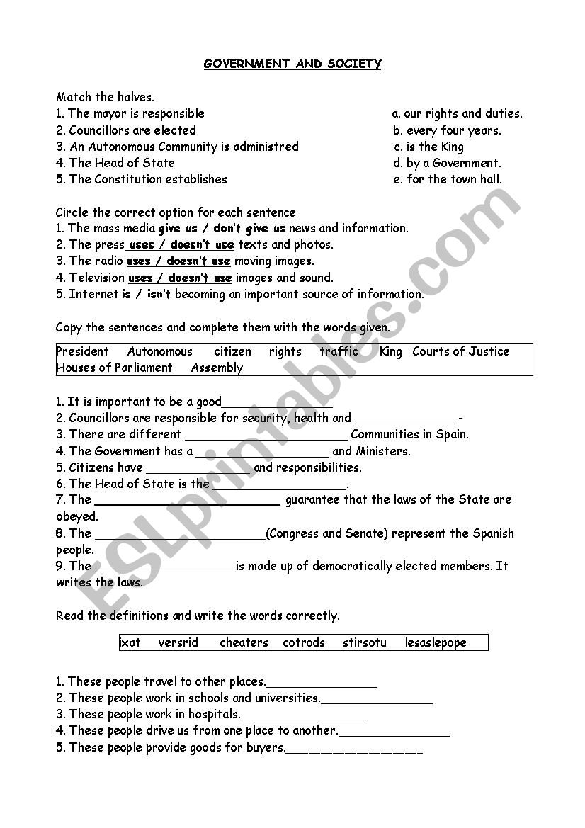 GOVERNMENT AND SOCIETY worksheet