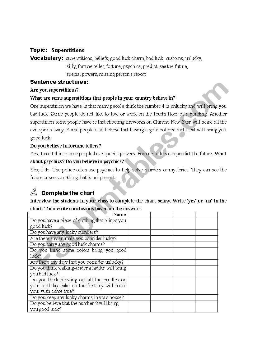 :   Superstitions worksheet