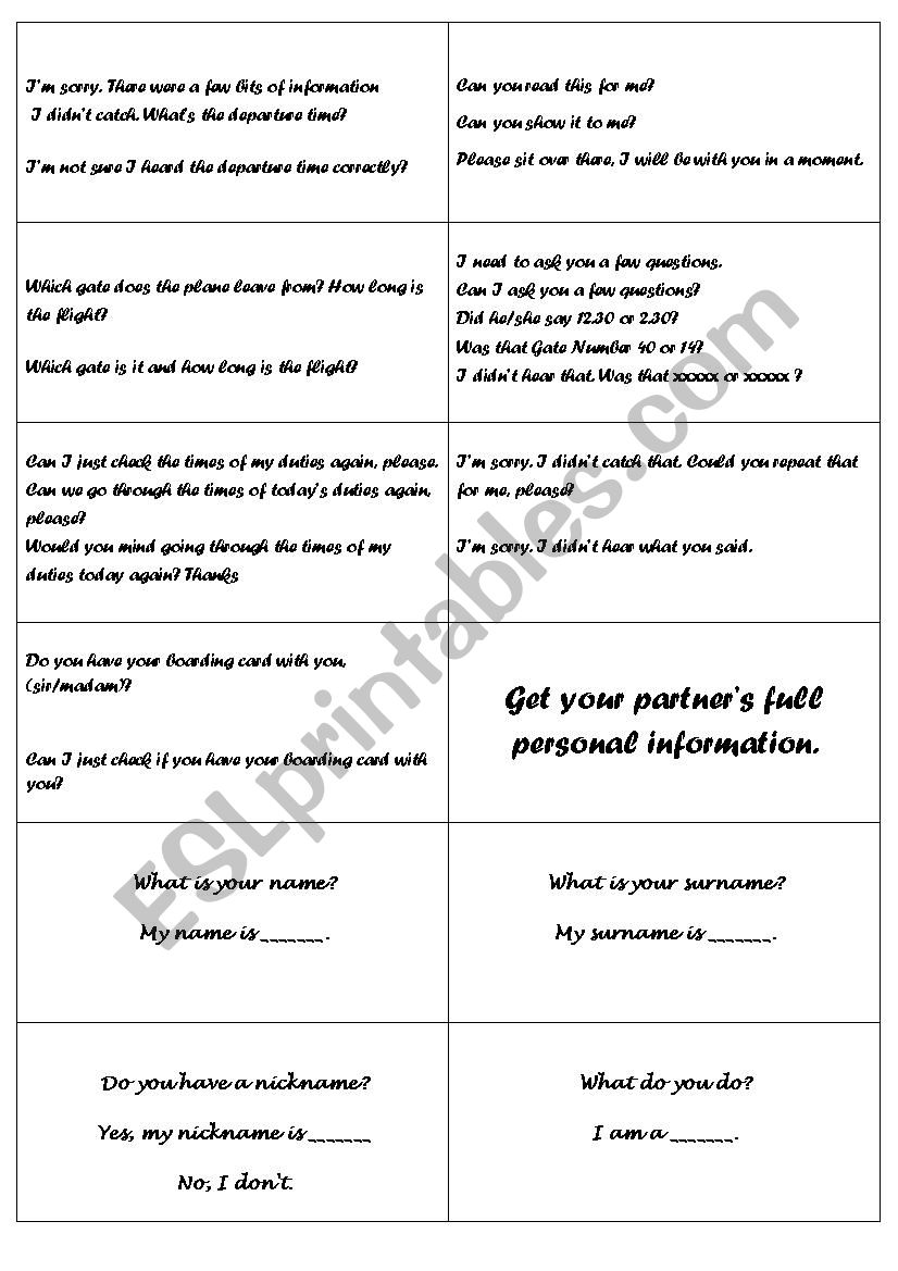 PERSONAL INFORMATION CARDS   worksheet