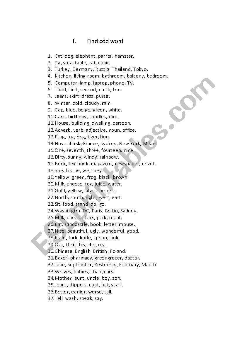 Find odd word worksheet