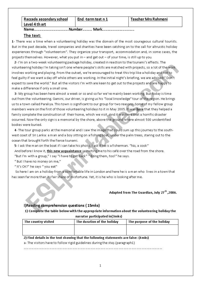 end term test no 1 bac  worksheet