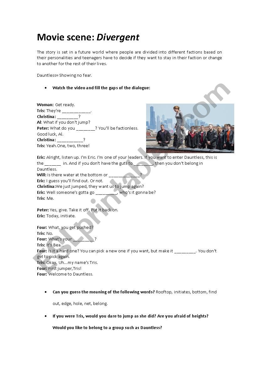 Divergent scene fill the gaps worksheet