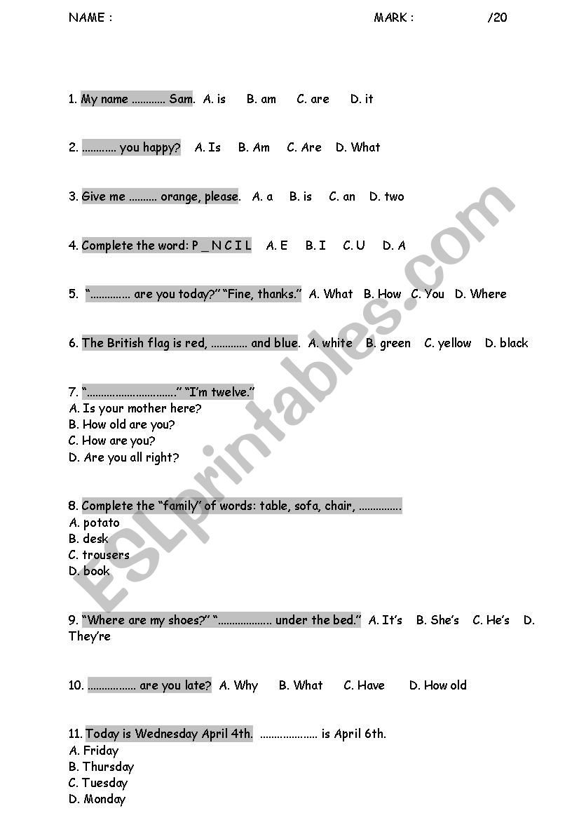 quizz  beginners worksheet