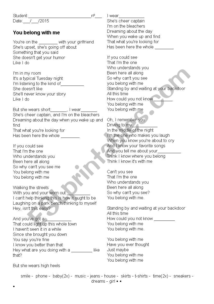 Song - You belong with me (Taylor Swift) - ESL worksheet by mihvieira