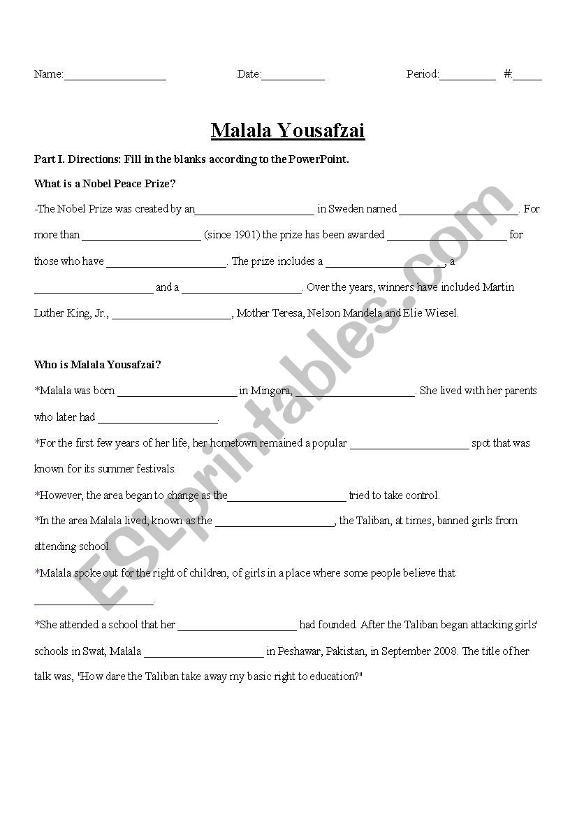 He Named Me Malala worksheet