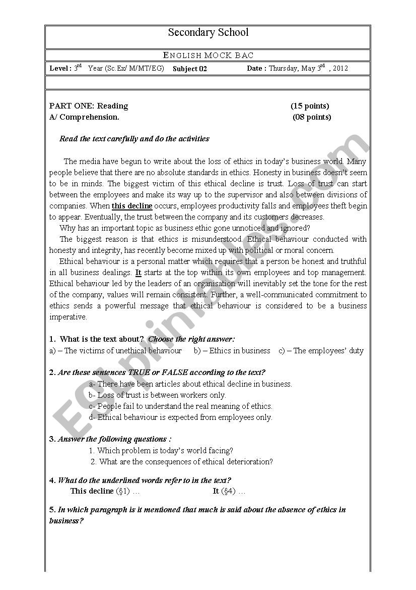 exam worksheet