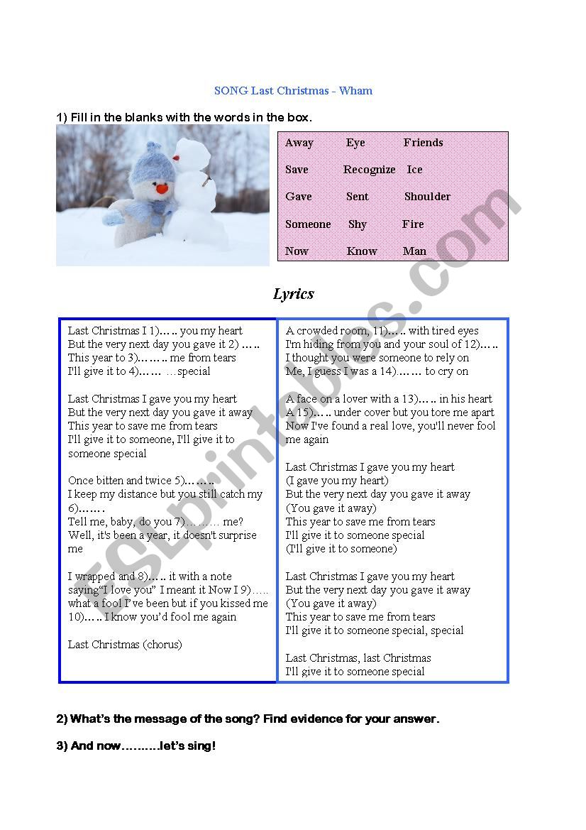 Last Christmas worksheet