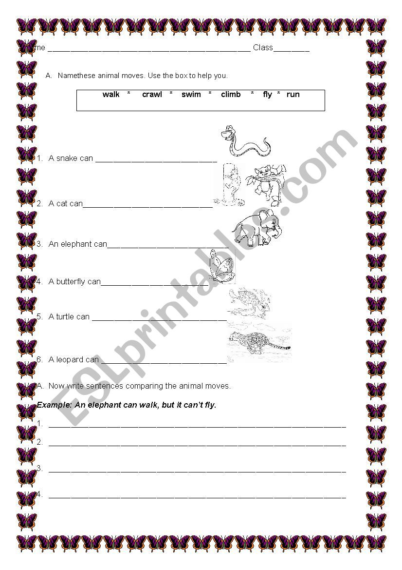 Animal Moves + can/ cant worksheet
