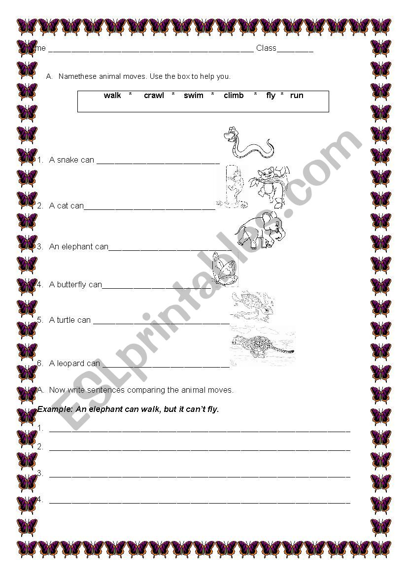 Animal Moves + can/ can´t worksheet