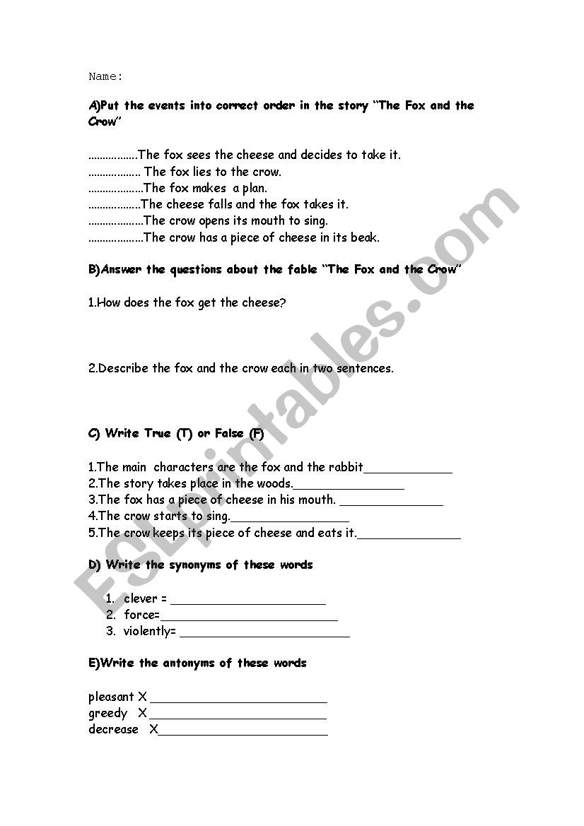 fox and the crow worksheet