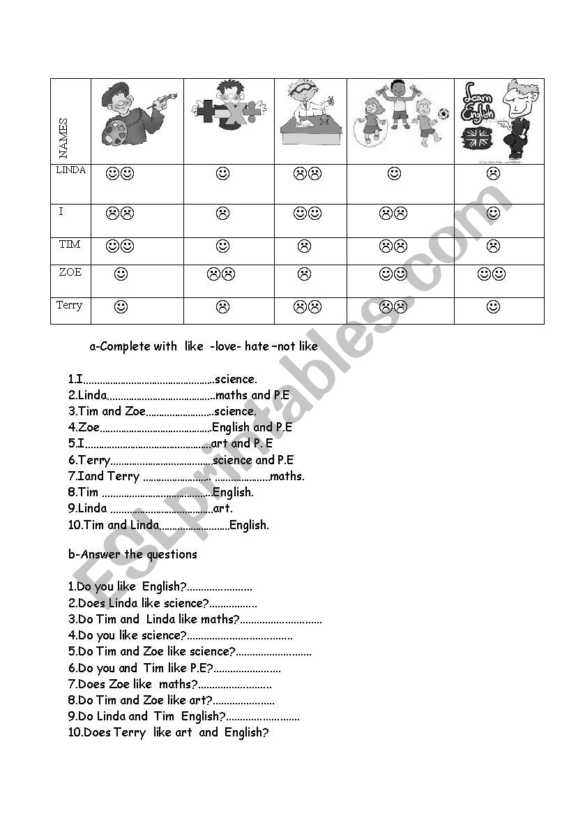 school subjectes worksheet