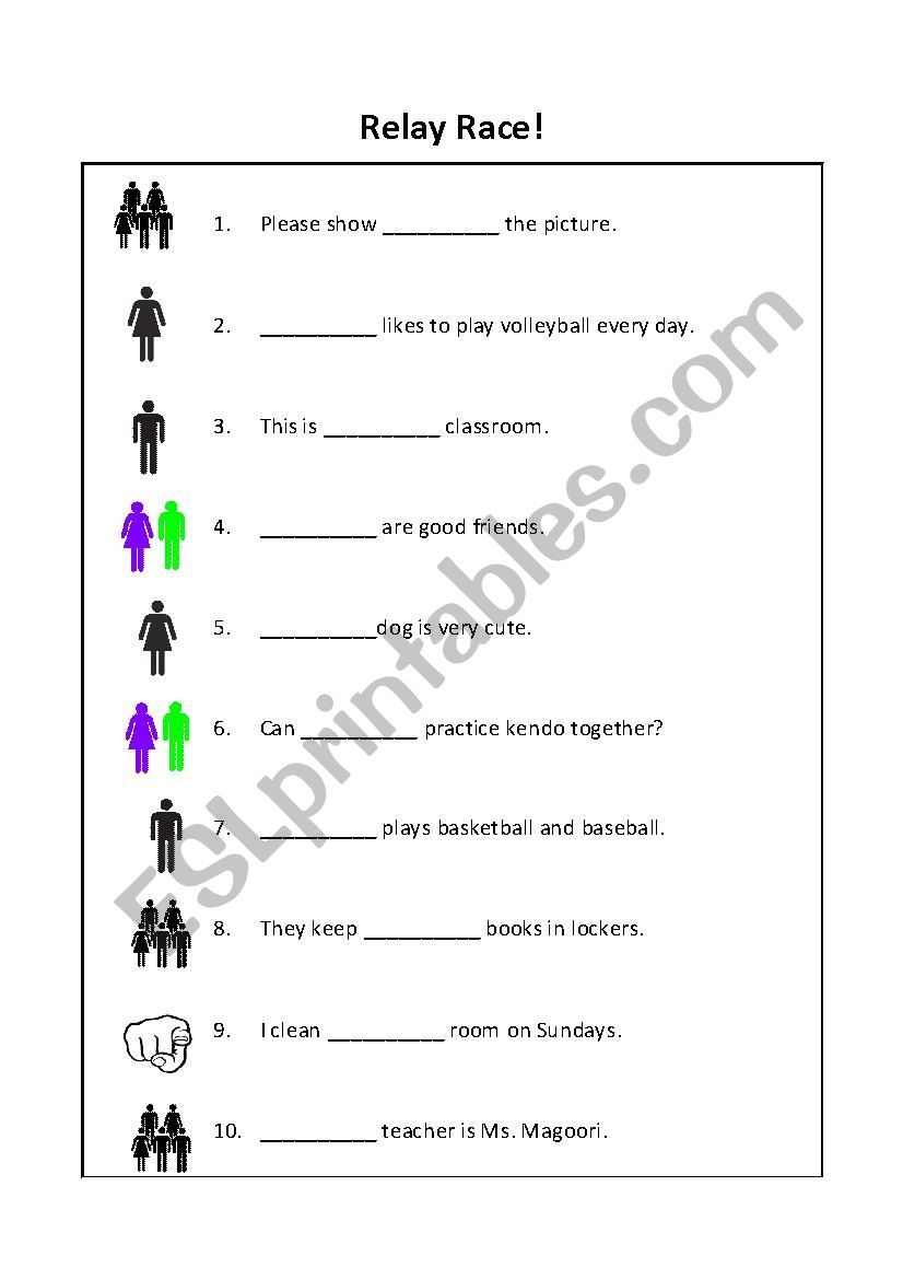 Pronoun Relay Race worksheet worksheet