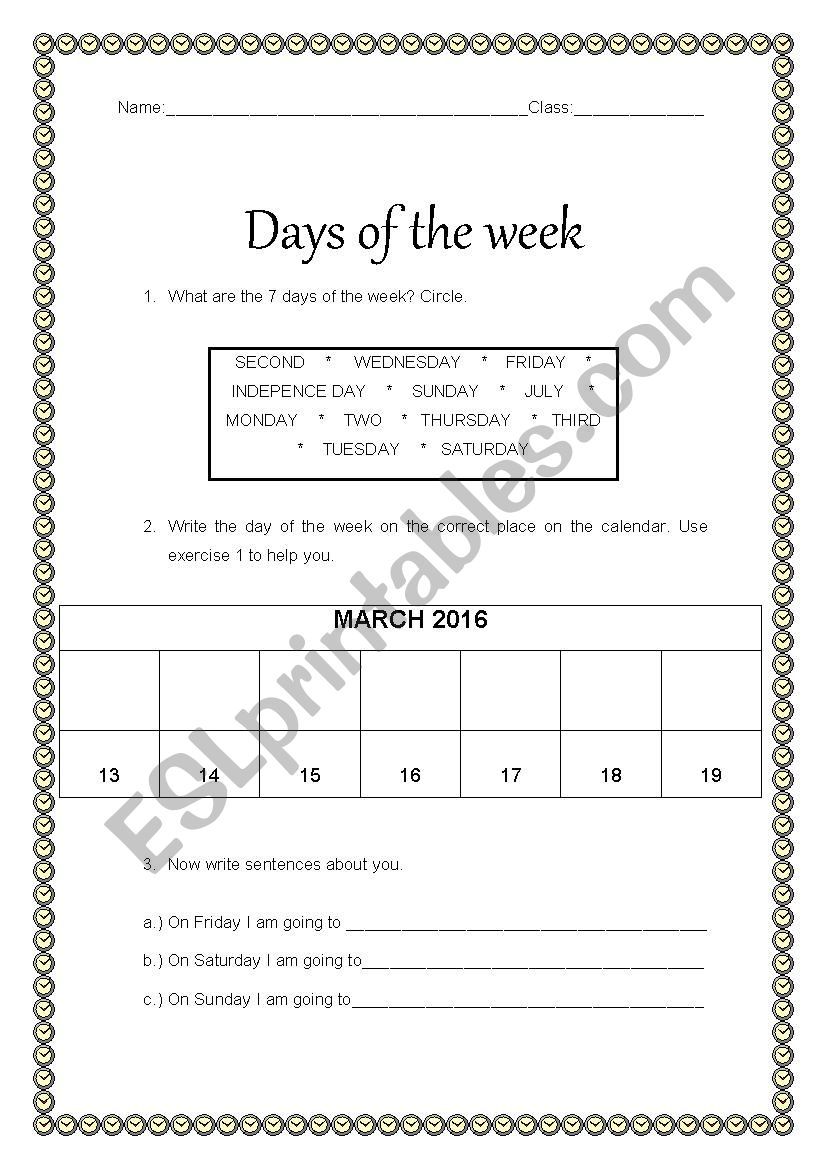 Days of the week - guess and complete this calendar