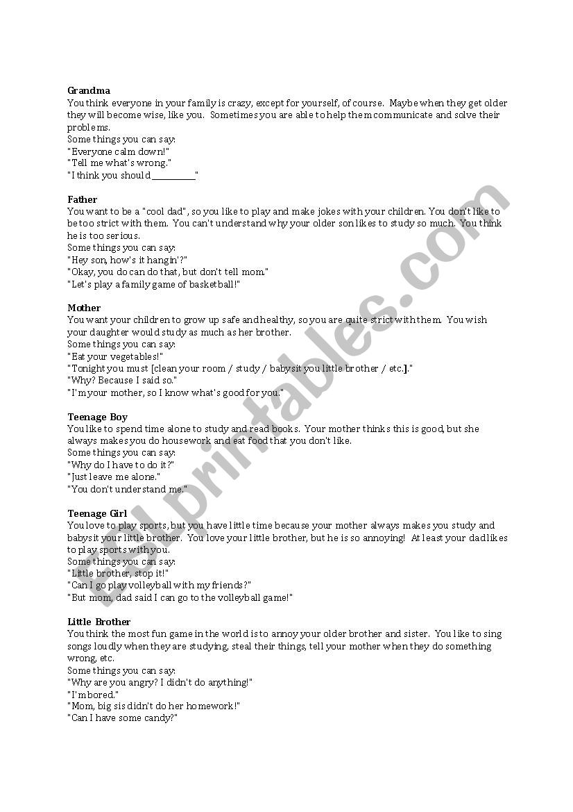 Family Role Play worksheet