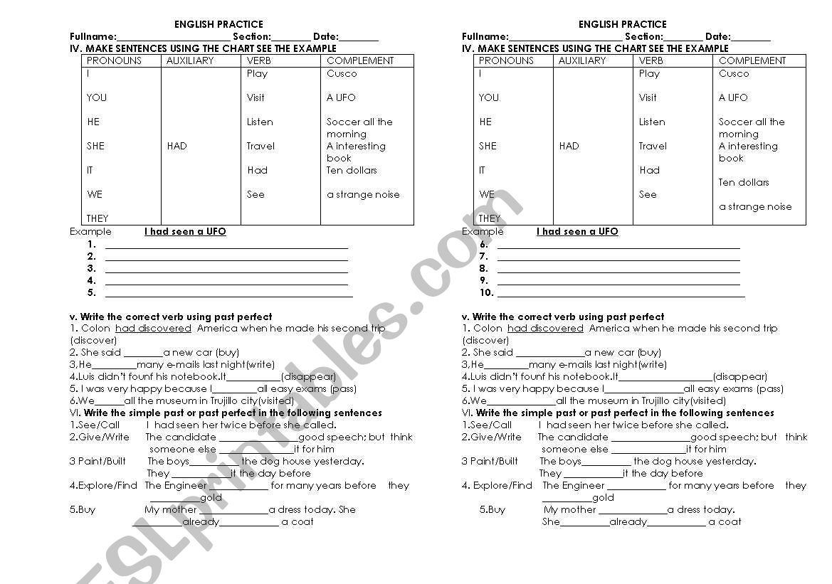 past perfect worksheet
