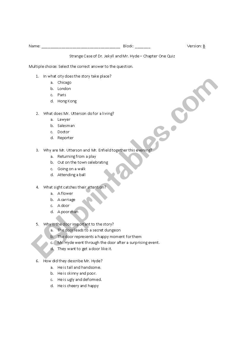 dr. Jekyll Mr. Hyde Chapter 1 Quiz