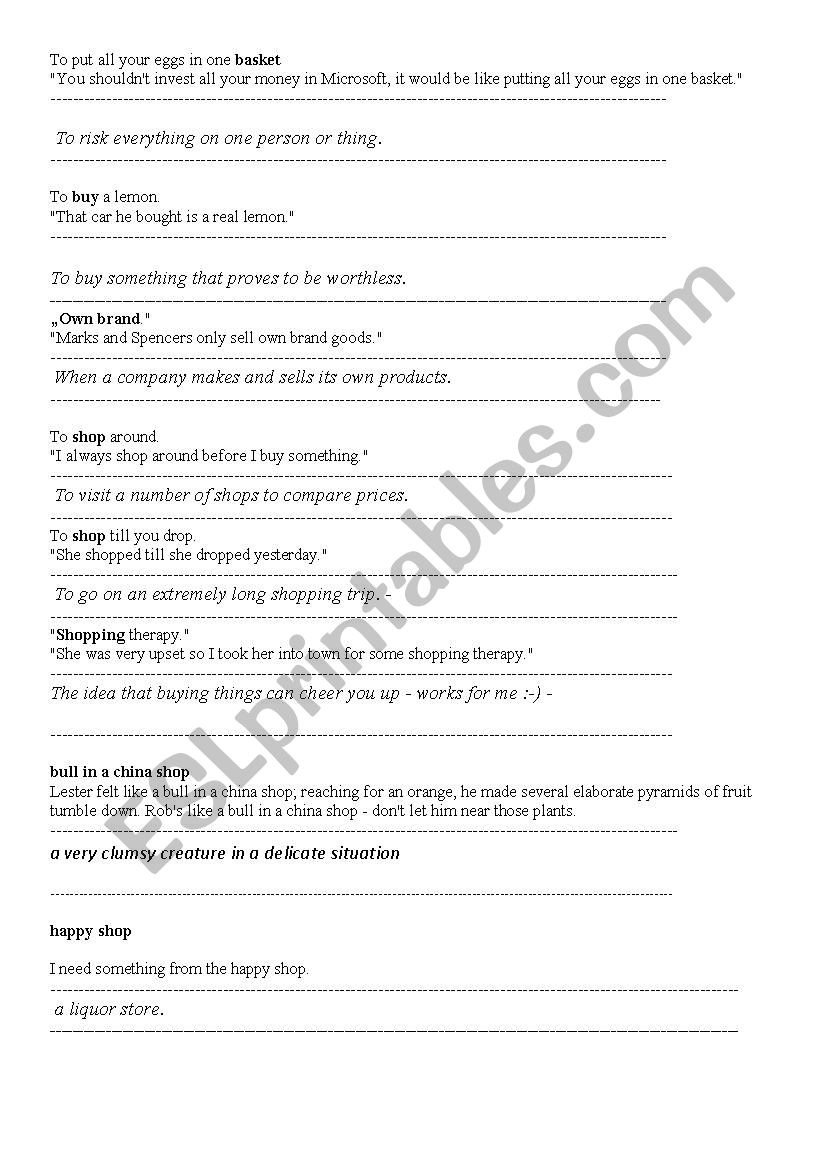 Shopping idioms worksheet