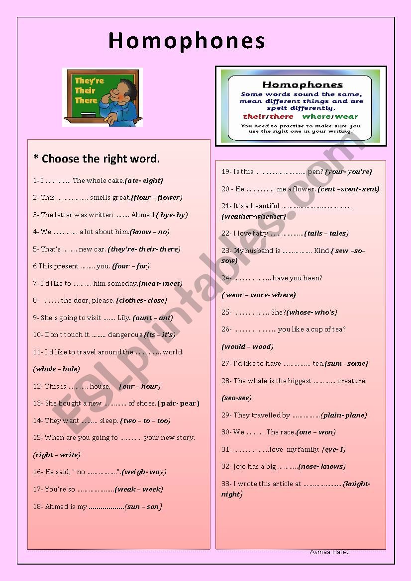 Homophones worksheet