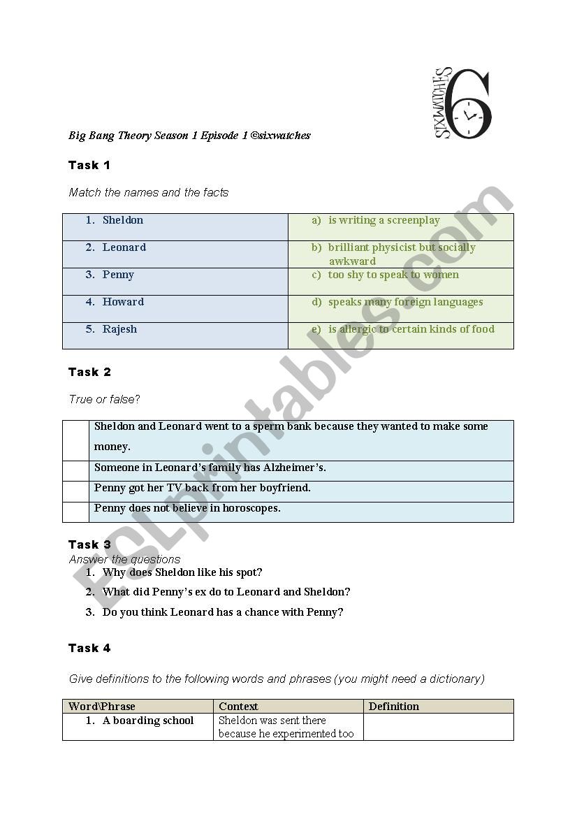 the big bang theory worksheet