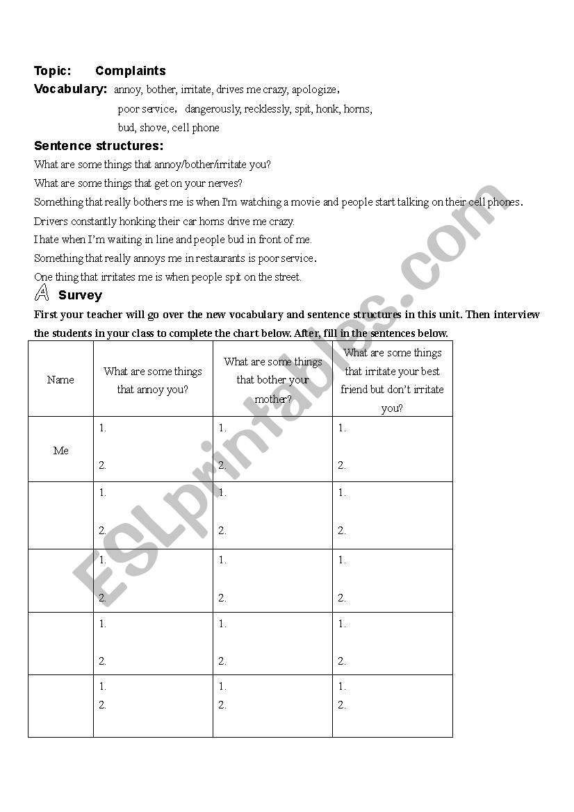 complaints worksheet