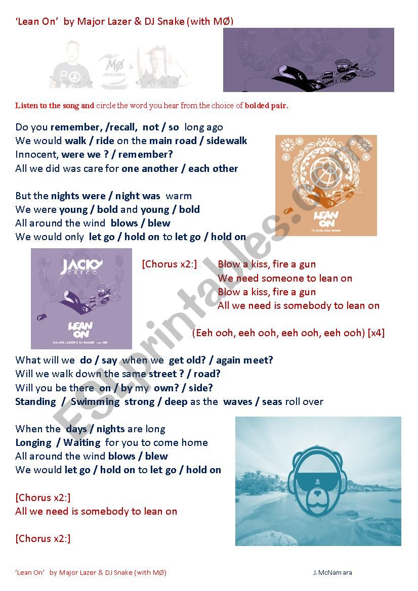 Lean On By Major Lazer Dj Snake With Mo Esl Worksheet By Jmcthefirst Hotmail Com