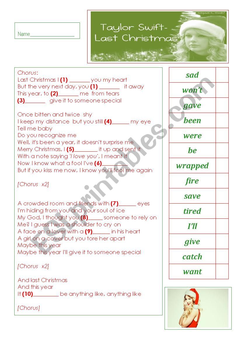 Song Taylor Swift Last Christmas Esl Worksheet By Jmcthefirst Hotmail Com