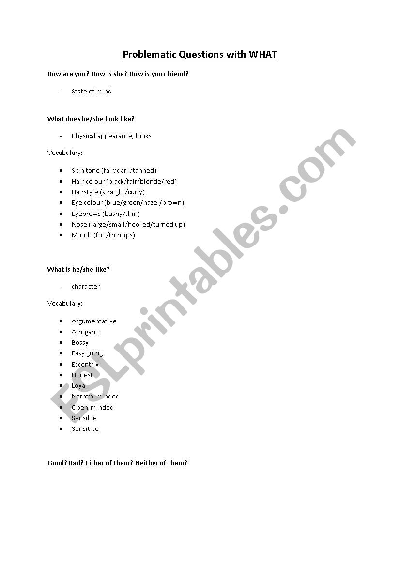 Problematic questions with what including convenient vocabulary