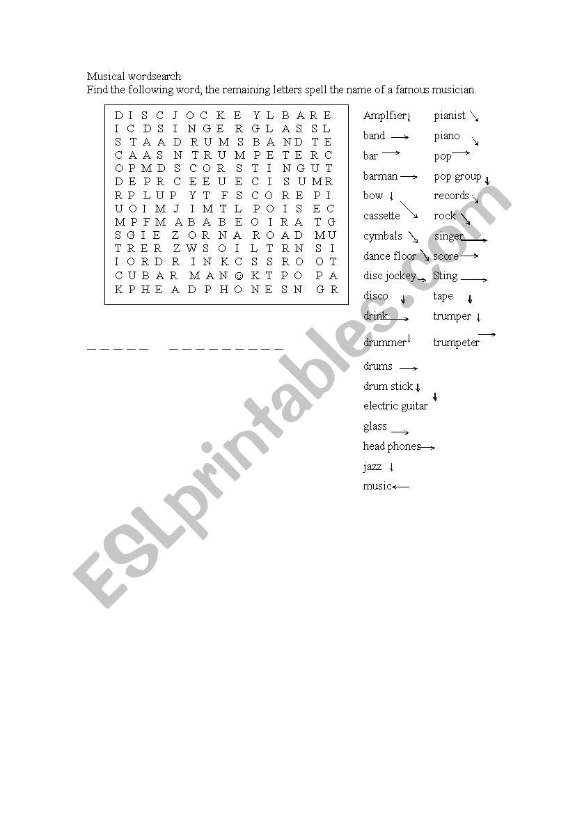 musical wordsearch worksheet