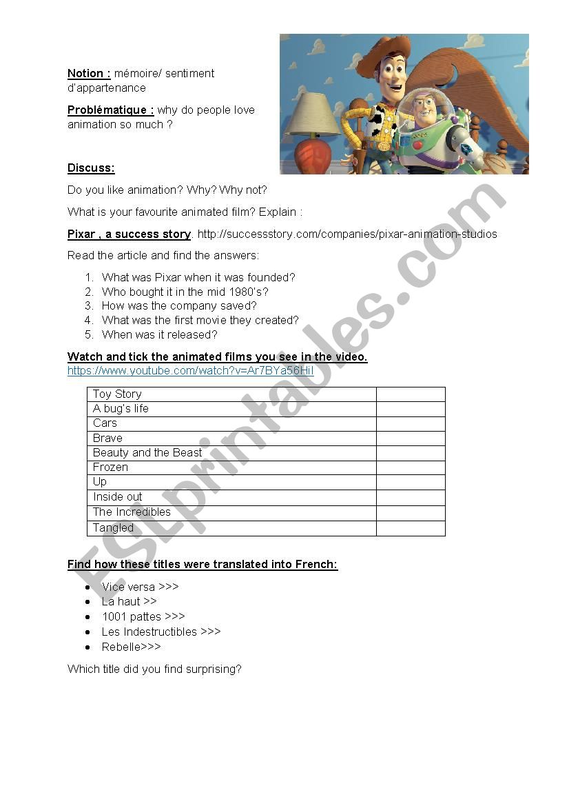 Pixar Toy Story worksheet