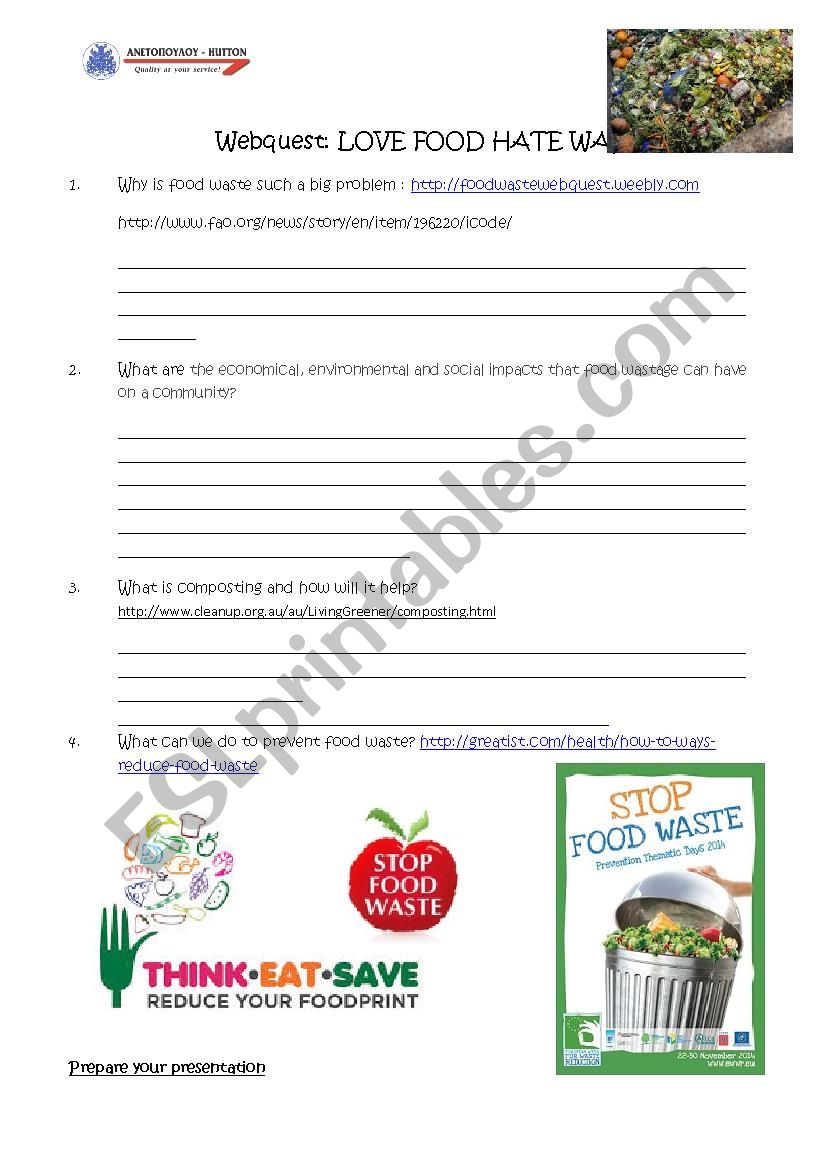 Webquest - Food Waste worksheet