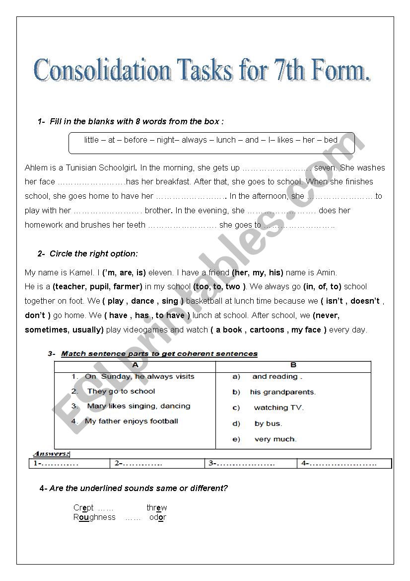 Consolidation tasks for 7th form pupils