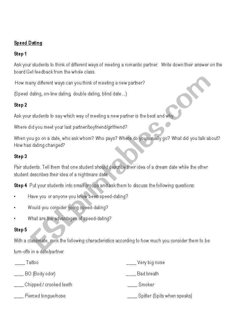 speed dating worksheet